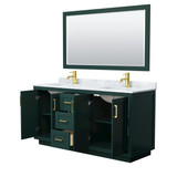 Wyndham WCF292966DGDCMUNSM58 Miranda 66 Inch Double Bathroom Vanity in Green, White Carrara Marble Countertop, Undermount Square Sinks, Brushed Gold Trim, 58 Inch Mirror