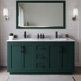 Wyndham WCF292966DGKCMUNSM58 Miranda 66 Inch Double Bathroom Vanity in Green, White Carrara Marble Countertop, Undermount Square Sinks, Matte Black Trim, 58 Inch Mirror