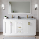 Wyndham WCF292966DWGCMUNSM58 Miranda 66 Inch Double Bathroom Vanity in White, White Carrara Marble Countertop, Undermount Square Sinks, Brushed Gold Trim, 58 Inch Mirror Wyndham WCF292966DWGCMUNSM58 Miranda 66 Inch Double Bathroom Vanity in White, White Carrara Marble Countertop, Undermount Square Sinks, Brushed Gold Trim, 58 Inch Mirror