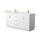 Wyndham WCF292966DWGC2UNSMXX Miranda 66 Inch Double Bathroom Vanity in White, Carrara Cultured Marble Countertop, Undermount Square Sinks, Brushed Gold Trim