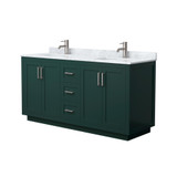 Wyndham WCF292966DGECMUNSMXX Miranda 66 Inch Double Bathroom Vanity in Green, White Carrara Marble Countertop, Undermount Square Sinks, Brushed Nickel Trim