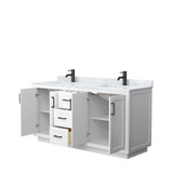 Wyndham  WCF292966DWBCMUNSMXX Miranda 66 Inch Double Bathroom Vanity in White, White Carrara Marble Countertop, Undermount Square Sinks, Matte Black Trim