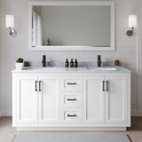 Wyndham WCF292966DWBCMUNSMXX Miranda 66 Inch Double Bathroom Vanity in White, White Carrara Marble Countertop, Undermount Square Sinks, Matte Black Trim
