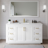 Wyndham WCF292966SWGC2UNSM58 Miranda 66 Inch Single Bathroom Vanity in White, Carrara Cultured Marble Countertop, Undermount Square Sink, Brushed Gold Trim, 58 Inch Mirror