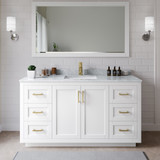 Wyndham WCF292966SWGCMUNSM58 Miranda 66 Inch Single Bathroom Vanity in White, White Carrara Marble Countertop, Undermount Square Sink, Brushed Gold Trim, 58 Inch Mirror