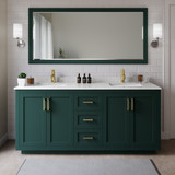 Wyndham WCF292972DGDC2UNSM70 Miranda 72 Inch Double Bathroom Vanity in Green, Carrara Cultured Marble Countertop, Undermount Square Sinks, Brushed Gold Trim, 70 Inch Mirror