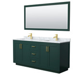 Wyndham WCF292972DGDCMUNSM70 Miranda 72 Inch Double Bathroom Vanity in Green, White Carrara Marble Countertop, Undermount Square Sinks, Brushed Gold Trim, 70 Inch Mirror