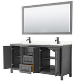 Wyndham WCV252572DGBC2UNSM70 Daria 72 Inch Double Bathroom Vanity in Dark Gray, Carrara Cultured Marble Countertop, Undermount Square Sinks, Matte Black Trim, 70 Inch Mirror