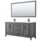 Wyndham WCV252572DGBWCUNSM70 Daria 72 Inch Double Bathroom Vanity in Dark Gray, White Cultured Marble Countertop, Undermount Square Sinks, Matte Black Trim, 70 Inch Mirror