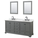 Wyndham WCS202072DGBCMUNOM24 Deborah 72 Inch Double Bathroom Vanity in Dark Gray, White Carrara Marble Countertop, Undermount Oval Sinks, Matte Black Trim, 24 Inch Mirrors
