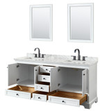 Wyndham WCS202072DWBCMUNSM24 Deborah 72 Inch Double Bathroom Vanity in White, White Carrara Marble Countertop, Undermount Square Sinks, Matte Black Trim, 24 Inch Mirrors