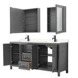 Wyndham WCV252572DGBC2UNSMED Daria 72 Inch Double Bathroom Vanity in Dark Gray, Carrara Cultured Marble Countertop, Undermount Square Sinks, Matte Black Trim, Medicine Cabinets