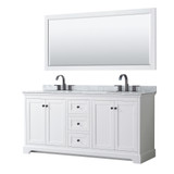 Wyndham WCV232372DWBCMUNOM70 Avery 72 Inch Double Bathroom Vanity in White, White Carrara Marble Countertop, Undermount Oval Sinks, Matte Black Trim, 70 Inch Mirror