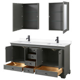 Wyndham WCS202072DGBWCUNSMED Deborah 72 Inch Double Bathroom Vanity in Dark Gray, White Cultured Marble Countertop, Undermount Square Sinks, Matte Black Trim, Medicine Cabinets