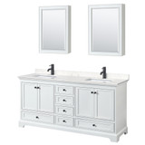 Wyndham WCS202072DWBC2UNSMED Deborah 72 Inch Double Bathroom Vanity in White, Carrara Cultured Marble Countertop, Undermount Square Sinks, Matte Black Trim, Medicine Cabinets
