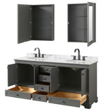 Wyndham WCS202072DGBCMUNOMED Deborah 72 Inch Double Bathroom Vanity in Dark Gray, White Carrara Marble Countertop, Undermount Oval Sinks, Matte Black Trim, Medicine Cabinets