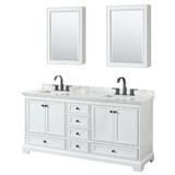 Wyndham WCS202072DWBCMUNSMED Deborah 72 Inch Double Bathroom Vanity in White, White Carrara Marble Countertop, Undermount Square Sinks, Matte Black Trim, Medicine Cabinets