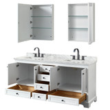 Wyndham WCS202072DWBCMUNSMED Deborah 72 Inch Double Bathroom Vanity in White, White Carrara Marble Countertop, Undermount Square Sinks, Matte Black Trim, Medicine Cabinets