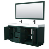 Wyndham WCF292972DGKK4INTM70 Miranda 72 Inch Double Bathroom Vanity in Green, 4 Inch Thick Matte White Solid Surface Countertop, Integrated Sinks, Matte Black Trim, 70 Inch Mirror