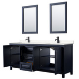 Wyndham WCV252580DBBC2UNSM24 Daria 80 Inch Double Bathroom Vanity in Dark Blue, Carrara Cultured Marble Countertop, Undermount Square Sinks, Matte Black Trim, 24 Inch Mirrors