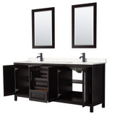 Wyndham WCV252580DEBC2UNSM24 Daria 80 Inch Double Bathroom Vanity in Dark Espresso, Carrara Cultured Marble Countertop, Undermount Square Sinks, Matte Black Trim, 24 Inch Mirrors