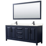 Wyndham WCV252580DBBC2UNSM70 Daria 80 Inch Double Bathroom Vanity in Dark Blue, Carrara Cultured Marble Countertop, Undermount Square Sinks, Matte Black Trim, 70 Inch Mirror