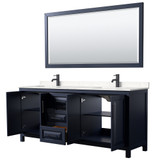 Wyndham WCV252580DBBC2UNSM70 Daria 80 Inch Double Bathroom Vanity in Dark Blue, Carrara Cultured Marble Countertop, Undermount Square Sinks, Matte Black Trim, 70 Inch Mirror