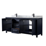 Wyndham WCV252580DBBCMUNSMXX Daria 80 Inch Double Bathroom Vanity in Dark Blue, White Carrara Marble Countertop, Undermount Square Sinks, Matte Black Trim