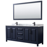 Wyndham WCV252580DBBCMUNSM70 Daria 80 Inch Double Bathroom Vanity in Dark Blue, White Carrara Marble Countertop, Undermount Square Sinks, Matte Black Trim, 70 Inch Mirror Wyndham WCV252580DBBCMUNSM70 Daria 80 Inch Double Bathroom Vanity in Dark Blue, White Carrara Marble Countertop, Undermount Square Sinks, Matte Black Trim, 70 Inch Mirror