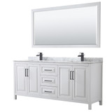 Wyndham WCV252580DWBCMUNSM70 Daria 80 Inch Double Bathroom Vanity in White, White Carrara Marble Countertop, Undermount Square Sinks, Matte Black Trim, 70 Inch Mirror