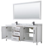 Wyndham WCV252580DWBCMUNSM70 Daria 80 Inch Double Bathroom Vanity in White, White Carrara Marble Countertop, Undermount Square Sinks, Matte Black Trim, 70 Inch Mirror