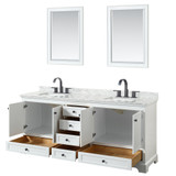 Wyndham WCS202080DWBCMUNSM24 Deborah 80 Inch Double Bathroom Vanity in White, White Carrara Marble Countertop, Undermount Square Sinks, Matte Black Trim, 24 Inch Mirrors
