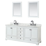 Wyndham WCS202080DWBCMUNSM24 Deborah 80 Inch Double Bathroom Vanity in White, White Carrara Marble Countertop, Undermount Square Sinks, Matte Black Trim, 24 Inch Mirrors