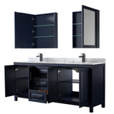 Wyndham WCV252580DBBCMUNSMED Daria 80 Inch Double Bathroom Vanity in Dark Blue, White Carrara Marble Countertop, Undermount Square Sinks, Matte Black Trim, Medicine Cabinets