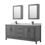 Wyndham WCV252580DGBCMUNSMED Daria 80 Inch Double Bathroom Vanity in Dark Gray, White Carrara Marble Countertop, Undermount Square Sinks, Matte Black Trim, Medicine Cabinets