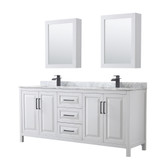 Wyndham WCV252580DWBCMUNSMED Daria 80 Inch Double Bathroom Vanity in White, White Carrara Marble Countertop, Undermount Square Sinks, Matte Black Trim, Medicine Cabinets