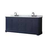 Wyndham WCV232380DBBCMUNOMXX Avery 80 Inch Double Bathroom Vanity in Dark Blue, White Carrara Marble Countertop, Undermount Oval Sinks, Matte Black Trim