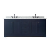 Wyndham WCV232380DBBCMUNOMXX Avery 80 Inch Double Bathroom Vanity in Dark Blue, White Carrara Marble Countertop, Undermount Oval Sinks, Matte Black Trim