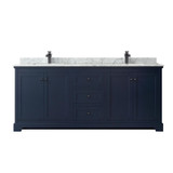 Wyndham WCV232380DBBCMUNSMXX Avery 80 Inch Double Bathroom Vanity in Dark Blue, White Carrara Marble Countertop, Undermount Square Sinks, Matte Black Trim