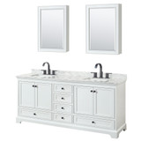 Wyndham WCS202080DWBCMUNSMED Deborah 80 Inch Double Bathroom Vanity in White, White Carrara Marble Countertop, Undermount Square Sinks, Matte Black Trim, Medicine Cabinets