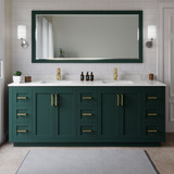 Wyndham WCF292984DGDC2UNSM70 Miranda 84 Inch Double Bathroom Vanity in Green, Carrara Cultured Marble Countertop, Undermount Square Sinks, Brushed Gold Trim, 70 Inch Mirror