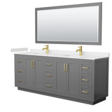Wyndham WCF292984DGGC2UNSM70 Miranda 84 Inch Double Bathroom Vanity in Dark Gray, Carrara Cultured Marble Countertop, Undermount Square Sinks, Brushed Gold Trim, 70 Inch Mirror