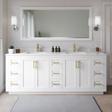Wyndham WCF292984DWGC2UNSM70 Miranda 84 Inch Double Bathroom Vanity in White, Carrara Cultured Marble Countertop, Undermount Square Sinks, Brushed Gold Trim, 70 Inch Mirror