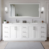 Wyndham WCF292984DWHC2UNSM70 Miranda 84 Inch Double Bathroom Vanity in White, Carrara Cultured Marble Countertop, Undermount Square Sinks, Brushed Nickel Trim, 70 Inch Mirror