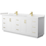 Wyndham WCF292984DWGC2UNSMXX Miranda 84 Inch Double Bathroom Vanity in White, Carrara Cultured Marble Countertop, Undermount Square Sinks, Brushed Gold Trim