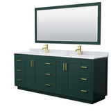 Wyndham WCF292984DGDCMUNSM70 Miranda 84 Inch Double Bathroom Vanity in Green, White Carrara Marble Countertop, Undermount Square Sinks, Brushed Gold Trim, 70 Inch Mirror