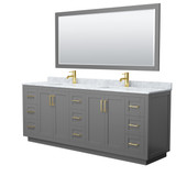 Wyndham WCF292984DGGCMUNSM70 Miranda 84 Inch Double Bathroom Vanity in Dark Gray, White Carrara Marble Countertop, Undermount Square Sinks, Brushed Gold Trim, 70 Inch Mirror