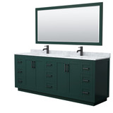 Wyndham WCF292984DGKCMUNSM70 Miranda 84 Inch Double Bathroom Vanity in Green, White Carrara Marble Countertop, Undermount Square Sinks, Matte Black Trim, 70 Inch Mirror