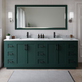 Wyndham WCF292984DGKCMUNSM70 Miranda 84 Inch Double Bathroom Vanity in Green, White Carrara Marble Countertop, Undermount Square Sinks, Matte Black Trim, 70 Inch Mirror