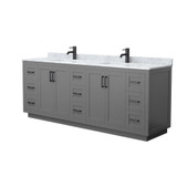 Wyndham WCF292984DGBCMUNSMXX Miranda 84 Inch Double Bathroom Vanity in Dark Gray, White Carrara Marble Countertop, Undermount Square Sinks, Matte Black Trim